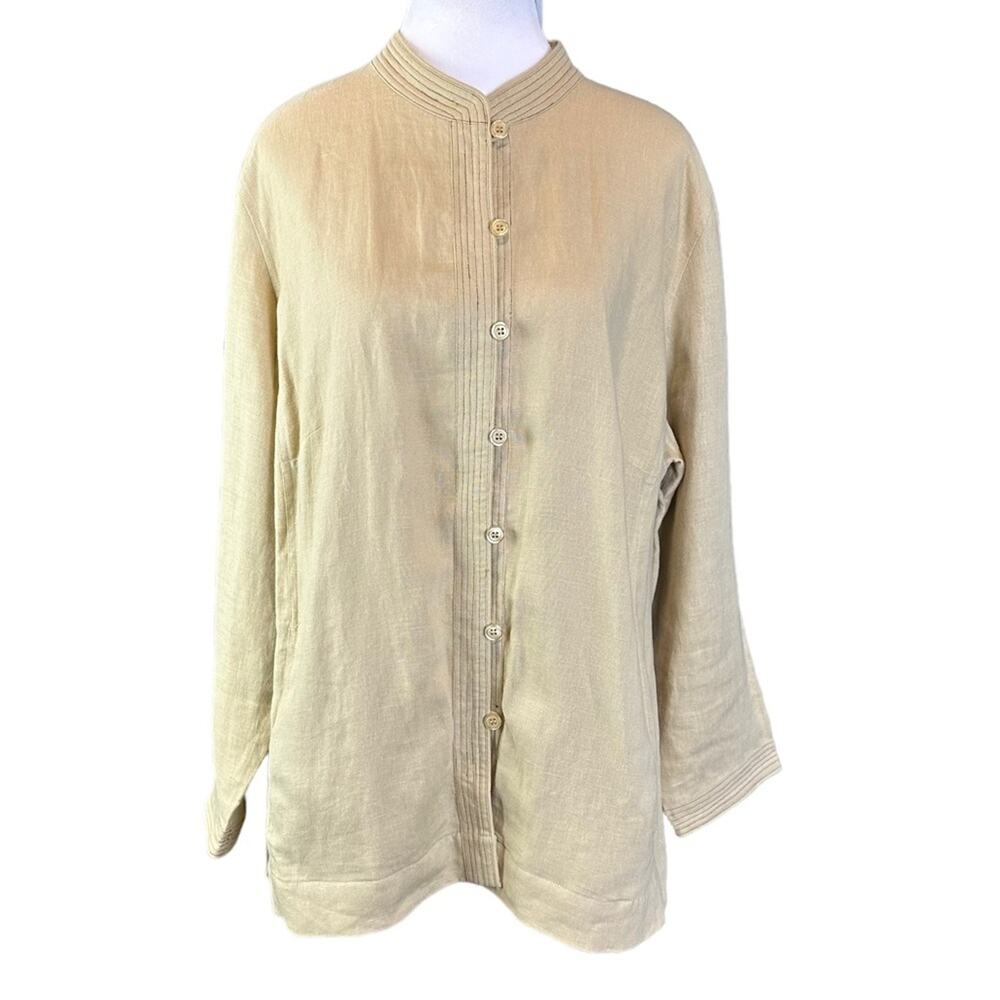 Bridgewater Studio Linen Tunic Sz 18W Mandarin Collar Side Pockets Tan